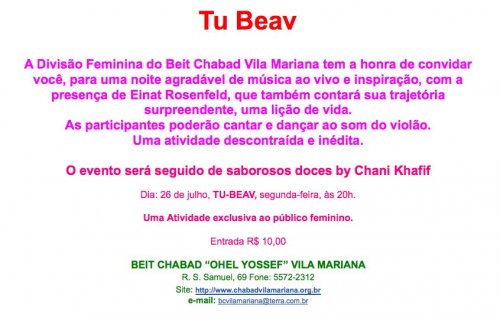 Evento de Tu Be' Av na Vila Mariana exclusivo para Mulheres