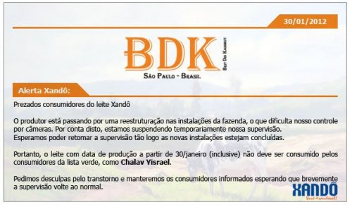 ALERTA: Para os Que Bebem Leite Supervisionado com Câmeras: LEITE XANDÔ Não Mais é Chalav Israel BDK da Lista Verde