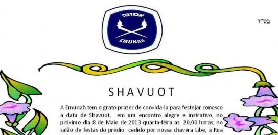 Grupo Feminino Emunah: Shiur Pré Shavuot com Sheila Barzilai, seguido de mesa de doces e quitutes Chalavi