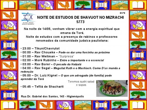Kehilat Mizrachi: Noite de Estudos de Shavuot, com Sushi Salad e Sopas