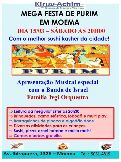 Mega Festa de Purim com Sushi na Sinagoga de Moema e Vila Nova (Kiruv Achim)