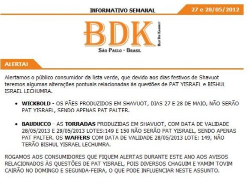 BDK: Alerta Kashrut Lista Verde
