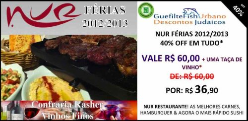 CUPOM NUR - DESCONTO NAS FÉRIAS: Válido para Delivery, Take Away e Restaurante 40% OFF