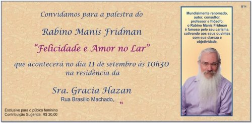 Felicidade e Amor no Lar: Palestra com o R. Manis Friedman para Mulheres